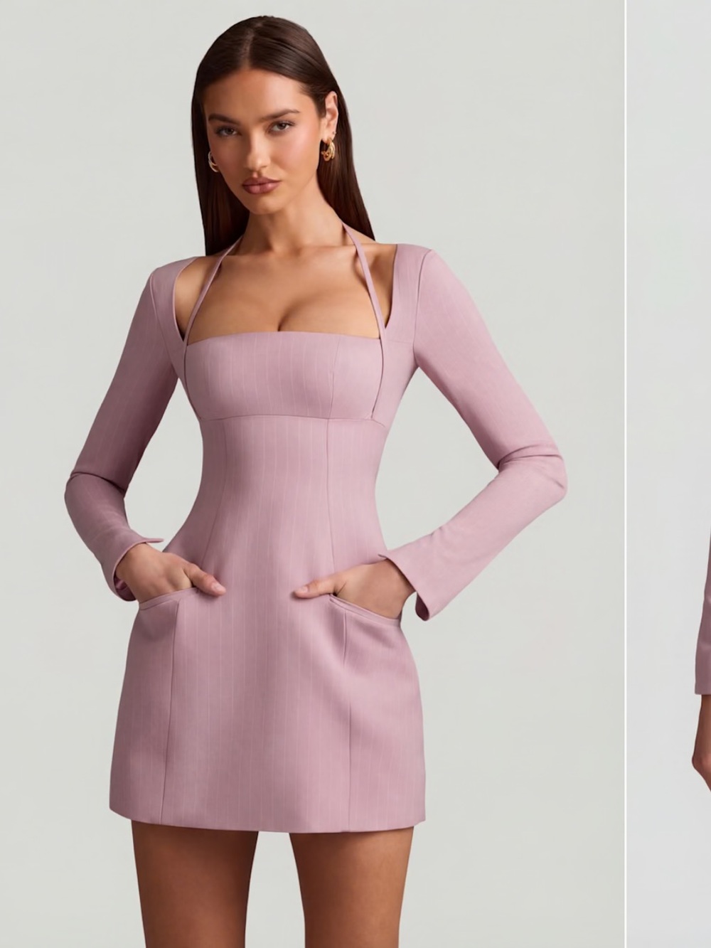 Square Neck Long-Sleeve Mini Dress in Dusty Pink